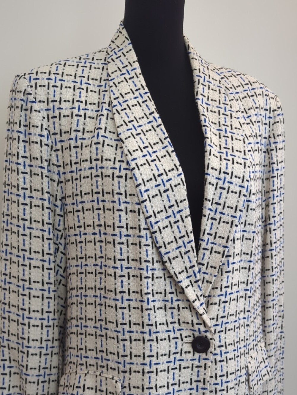 Vintage 80s Diversity Textured Tweed Blazer Blue Cream Geometric Power Jacket